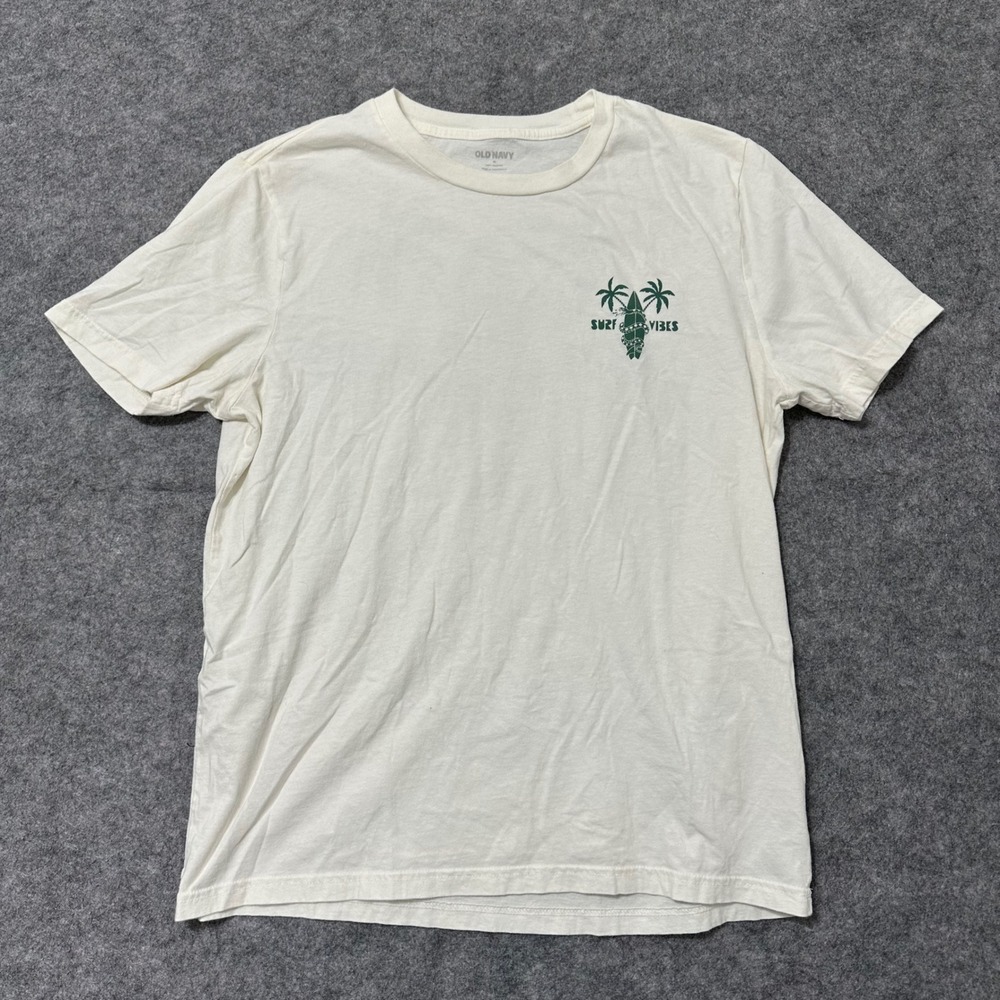 Old Navy Graphic Tee Mens M White Surf Vibes Palm Tree Short Sleeve T-Shirt